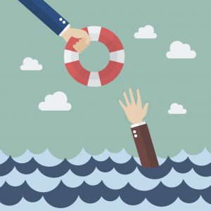 Drowning businessman getting lifebuoy from other businessman. Business concept